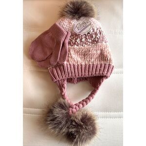 Toby & Me Infant Girl's Size 12-24mos. Mauve Pink Faux Fur Hat & Mitten Set #M